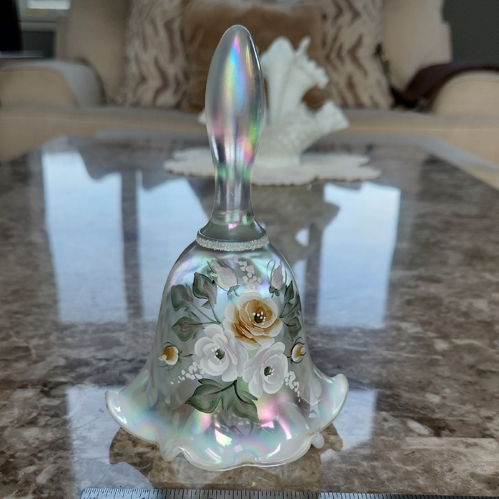 Fenton 95th Anniversary, Irredescent Hand Painted Glass Bell, 6 1/2" Tall
